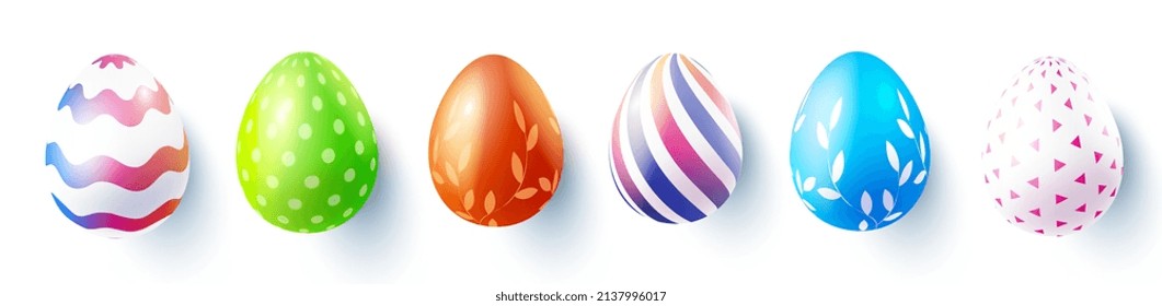 Happy easter holiday illustration with different bright painted eggs with shadow. Vector easter design of set of decorative colored egg for greeting card, banner on white color background
