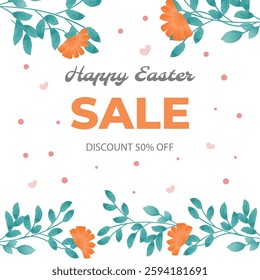 Happy Easter, holiday information sale, 50% off, buy now. Cute Easter bunny, vector illustration of the Holy holiday, design with rabbits in the shape of an egg with flowers and green twigs
