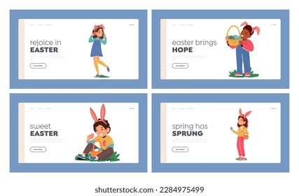 Happy Easter Holiday Landing Page Template Set. Kids Characters With Rabbit Ear Headband Joyfully Hunts For Easter Eggs In A Grassy Field With A Basket In Hands. Cartoon People Vector Illustration