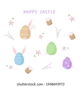 Felices vacaciones de Pascua. Huevos multicolores, sauces y tarta de Pascua. Gráficos vectoriales.