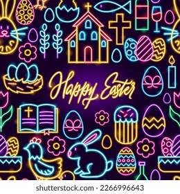 Happy Easter Holiday Neon Frame. Vector Illustration of Spring Christianity Religion Holiday Glowing Led Electric Light.