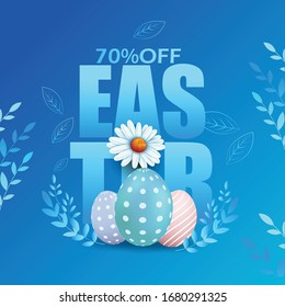 Happy Easter Holiday with Painted Egg, Rabbit Ears and Flower on Colorful Background, poster, template 