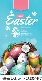 Happy Easter Holiday with Painted Egg, Rabbit carrot and Flower