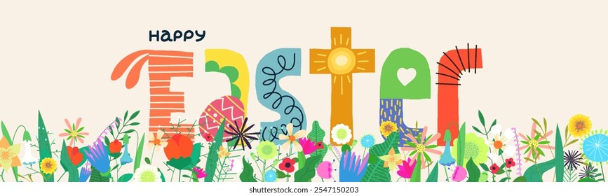 Happy Easter holiday party horizontal banner. Traditional spring Christian religious Passover celebration promo greeting card. Bright floral and creative lettering print. Colorful Paschal design