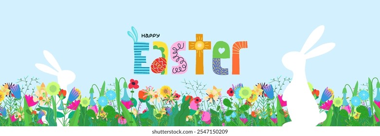 Happy Easter holiday party horizontal banner. Traditional spring Christian religious Passover celebration promo greeting card. Bright flowers and festive bunny modern print. Colorful Paschal design