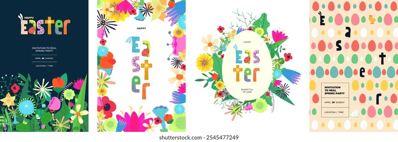 Happy Easter holiday party or sale promo poster set. Colorful Paschal eggs and floral pattern. Traditional spring religious Passover celebration print. Bright flowers festive modern frame placard. Eps