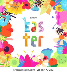 Happy Easter holiday party or sale promo square banner. Traditional spring religious Passover celebration greeting card. Bright floral festive modern frame. Colorful Paschal lettering design