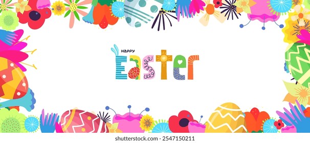 Happy Easter holiday party or sale promo horizontal banner. Traditional spring religious Passover celebration flowers and eggs. Bright floral festive modern frame. Colorful Paschal lettering design