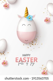 Happy Easter holiday poster. Cute unicorn from egg with gold horn, white eggs, flowers and confetti. Vector illustration with top view on 3d decorative objects for Easter design. Greeting card.