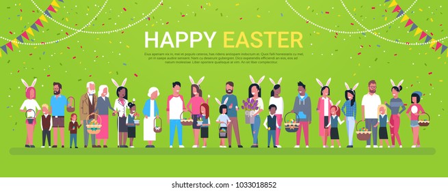 Happy Easter Holiday Poster With Group Of People Wear Bunny Ears And Holding Baskets Over Horizontal Background With Copy Space Flat Vector Illustration