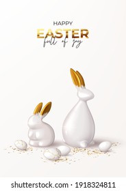 Happy Easter holiday poster. Porcelain rabbit and bunny with gold ears, white eggs and golden confetti. Vector illustration with 3d decorative object. Greeting card.