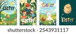 Happy Easter holiday poster set. Traditional spring religious Paschal celebration greeting card. Children colorful eggs hunt in grass. Cute bunny and chick. Springtime festive rabbit modern artwork