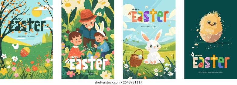 Happy Easter holiday poster set. Traditional spring religious Paschal celebration greeting card. Children colorful eggs hunt in grass. Cute bunny and chick. Springtime festive rabbit modern artwork