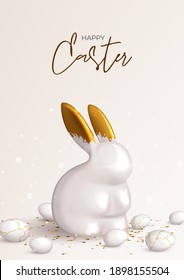 Happy Easter holiday poster template. Festive background with porcelain bunny with gold ears, white eggs and golden confetti. Vector illustration with 3d decorative object. Greeting card.