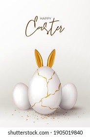 Happy Easter holiday poster template. White eggs with gold liquid and golden ears of rabbit. Vector illustration with 3d decorative objects. Greeting card with gold confetti.