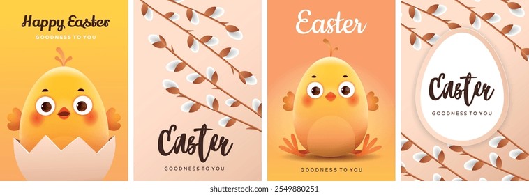 Happy Easter Holiday Posters. Set of greeting cards, holiday covers, posters, flyers design. Modern minimal design with easter eggs, willow branches and  yellow chicken for social media, sale, adverti