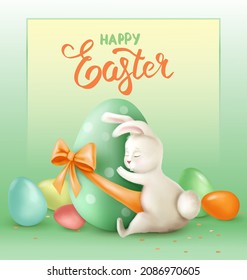 Happy Easter holiday. Easter Rabbit hugs an egg. Realistic vector illustration. Easter card or poster.