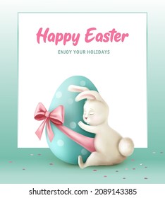 Happy Easter holiday. Easter Rabbit hugs an egg. Realistic vector illustration. Easter card or poster.