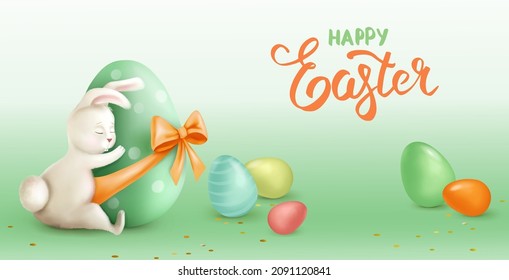 Frohe Ostern Urlaub. Das Osterkaninchen umarmt ein Ei. Realistische Vektorgrafik. Osterbanner.