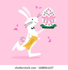Felices Fiestas de Pascua, Conejo con Huevo Pintado, personaje de caricatura, flor, fondo colorido.  Fiesta de primavera, pancarta, afiche. Ilustración vectorial plana, objetos aislados.