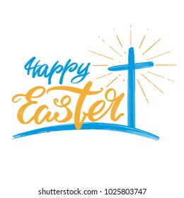 Happy Easter holiday religious calligraphic text, cross symbol of Christianity hand drawn vector illustration sketch