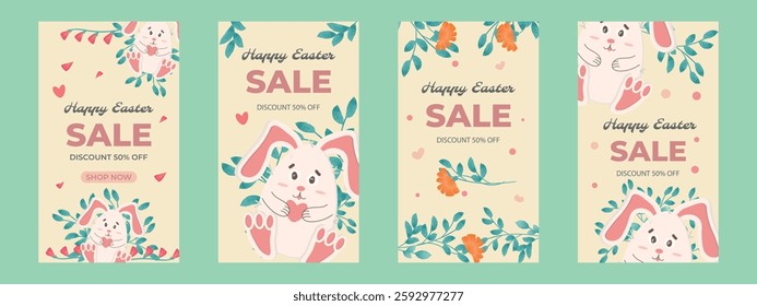 Happy Easter, Holiday Sale, Save 50%, Buy Now. Cute Easter bunny, Holy Holiday vector illustration, design with bunnies in egg shape