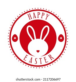 Happy easter - holiday seal design for handmade gifts with rabbit head and easter eggs. Vector illustration on white background