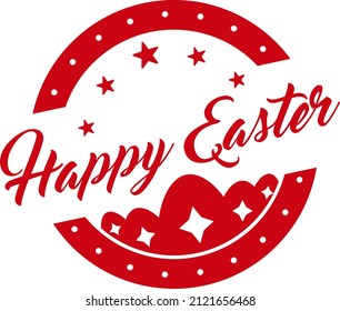 Happy easter - holiday seal design for handmade gifts with text and easter eggs. Vector illustration on white background