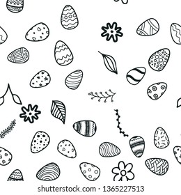 Happy Easter holiday seamless hand drawn background. Template for coloring. Eggs, spring
