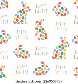 Happy Easter holiday seamless pattern. Abstract bunny shape with colorful eggs. Greeting card template.