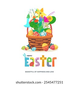 Happy Easter holiday square greeting card. Traditional spring religious Passover celebration banner. Bright flowers and painted eggs in basket. Colorful Paschal festive eps design template