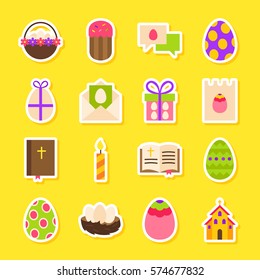 Happy Easter Holiday Stickers. Vector Illustration Flat Style. Collection of Spring Symbols.