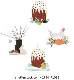 Happy Easter holiday symbols isolated on a white background.   Painted eggs, a vase with willow twigs, a bird, a rabbit, an Easter cake, a church candle, a chicken.  Vector flat illustration. 