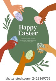 Happy Easter holiday template with diversity human hands holding painted colorful eggs, ovoid frame, text. Easter greeting card, art poster, invitation, egg shape design element. Vector illustration