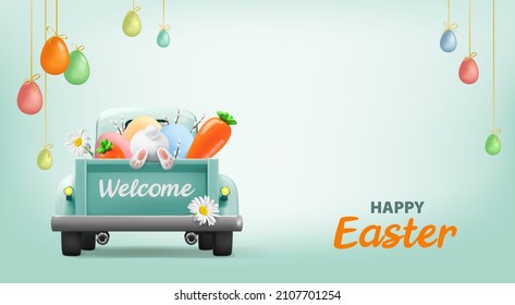 Happy Easter holiday. Vintage blue car with Easter rabbit and carrots, eggs., flowers. Realistic vector illustration. Easter and spring banner.