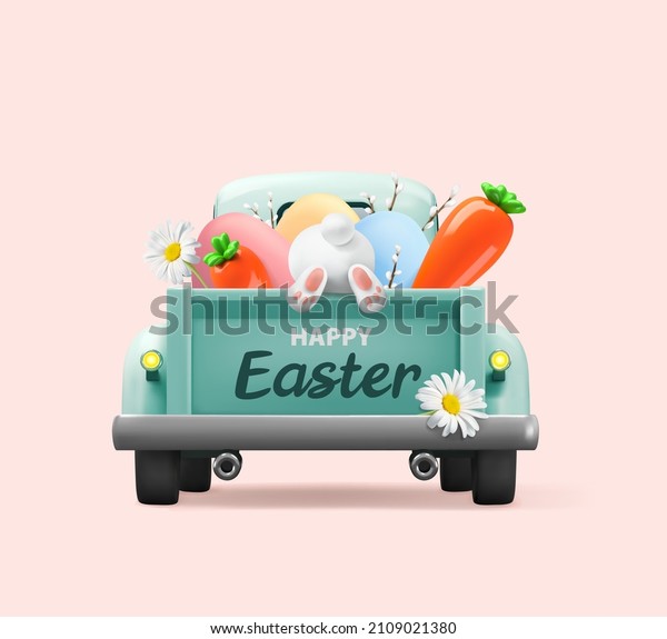 Happy Easter holiday. Vintage\
blue car with Easter rabbit and carrots, eggs., flowers on pink\
background. Realistic vector illustration. Easter and spring\
banner.