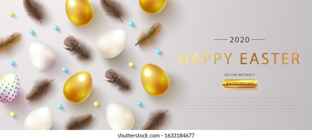 Happy Easter holiday web banner. Vector illustration with realistic colorful eggs and feathers.Festive background for postcard, poster, banner.