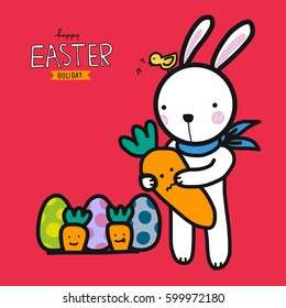Happy Easter holiday white rabbit holding carrot cartoon vector illustration