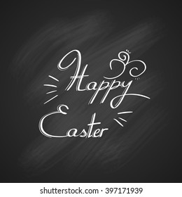 Happy Easter Holiday White Text Hand Write Chalk Sketch Black Board Greeting Card Banner Vector Illustration