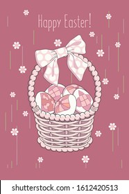 Happy easter holiday. Wicker basket with beautiful eggs and a bow on a pink background. Vector design for poster, postcard, invitation.