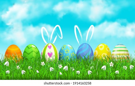 Felices fiestas de Pascua, huevos vectoriales decorados con orejas de conejo dibujadas a mano sobre hierba verde bajo un cielo nublado azul. Huevos cazando en césped con flores de dibujos animados, juegos de Pascua en campo verde con hojas de pasto