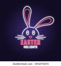 Happy Easter holidays neon card, badge, logo, sign. Vector illustration Neon typography design with rabbit and hand eggs. Modern minimal style.