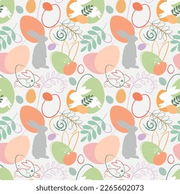 happy Easter holidays seamless pattern, Easter eggs, rabbit, bunny ears watercolor style pastel shades pink, blue, yellow, red, white. 