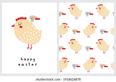 Happy Easter. Easter Holidays Vector Card and Seamless Pattern. Cute Yellow Hens Isolated on a White Background. Funny Hand Drawn Print with Lovely Chickens and Clouds.  