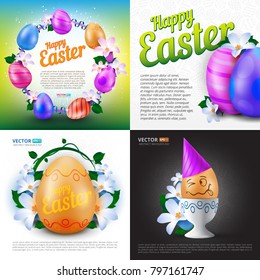 Happy Easter holidays vector set of greeting cards, posters or banners with colour painted eggs and spring flowers. Perfect to use for advertising design and other creative projects