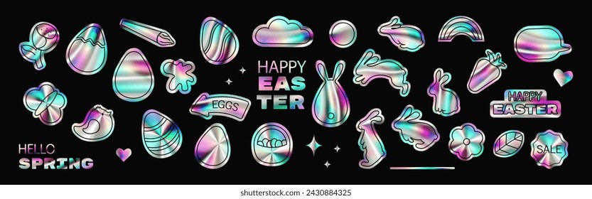 Happy Easter holographic foil stickers set. Trendy y2k holo spring elements collection for branding, packaging, prints, social media posts, poster design. Vector illustration on black background