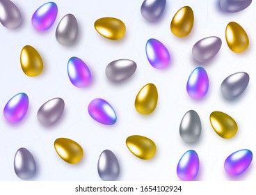 Happy easter with easter holographic, gold and silver eggs. Horizontal template for products, advertizing, web banners, leaflets, certificates and postcards. Vector illustration