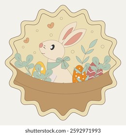 Happy Easter, Holy Holiday vector illustration, design with bunnies, colored eggs, flowers and basket. Suitable for label and sticker design