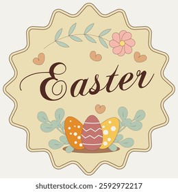 Happy Easter, Holy Holiday vector illustration, design with bunnies, colored eggs, flowers and basket. Suitable for label and sticker design