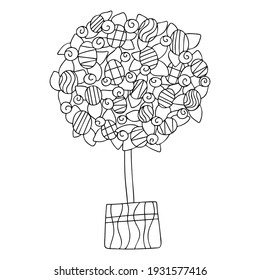 Happy Easter home decor topiary stock vector illustration black and white. Topiary with eggs, flower and eggs coloring page for kids and adults. Floral detailed colouring book page for spring season
